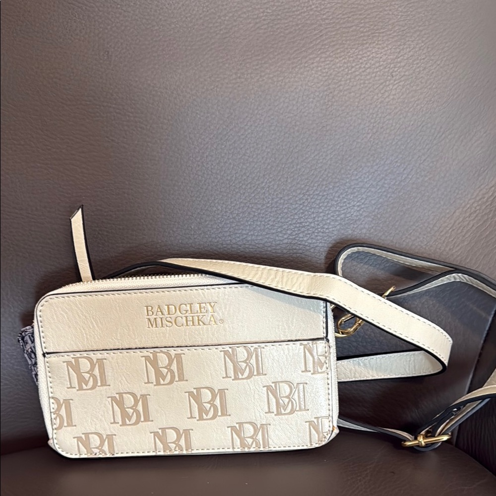 Badgley Mischka Cream and Brown Crossbody Bag with Monogram Pattern